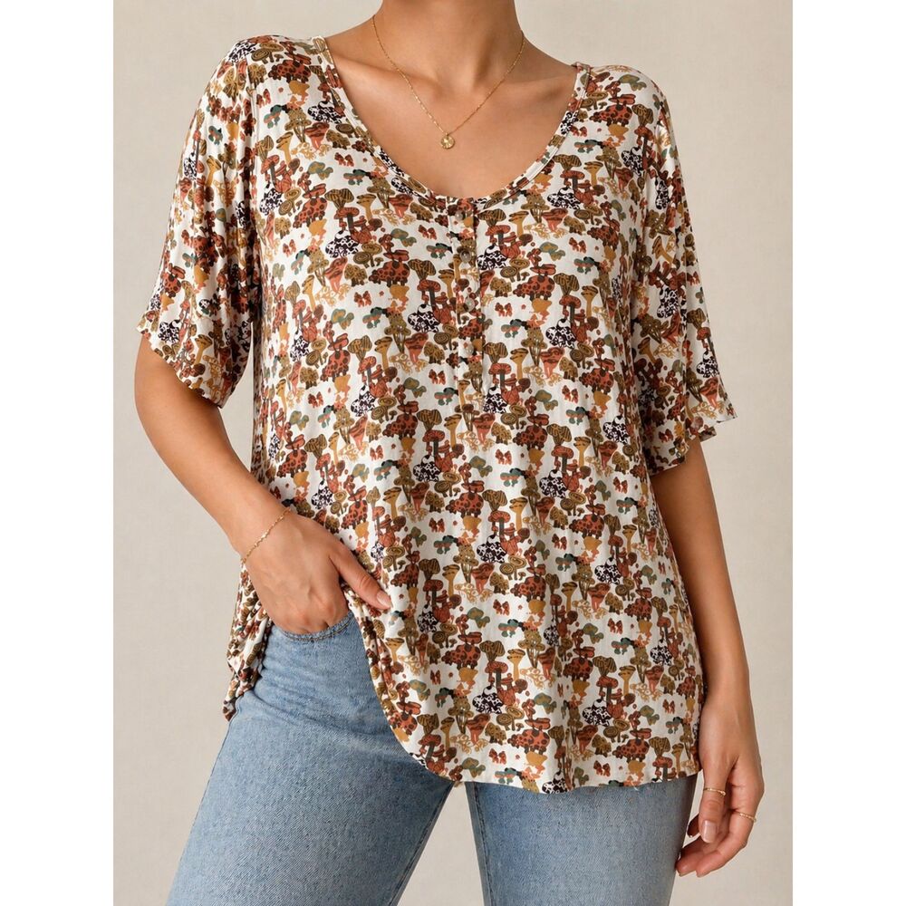 Kate Quinn Bamboo Blend Mushroom Print Henley Top XXL Cottagecore Boho